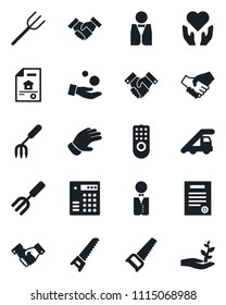 Set of vector isolated black icon - ladder car vector, handshake, garden fork, farm, glove, saw, heart hand, contract, estate document, waiter, remote control, combination lock, investment