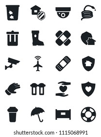 Set of vector isolated black icon - plane radar vector, fence, umbrella, trash bin, glove, boot, hose, patch, heart shield, hand, estate insurance, water filter, home protect, surveillance