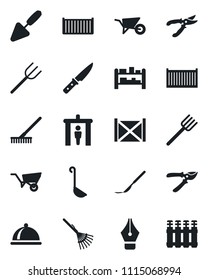 Set of vector isolated black icon - security gate vector, trowel, farm fork, rake, wheelbarrow, pruner, scalpel, cargo container, rack, ink pen, dish, ladle, knife, radiator