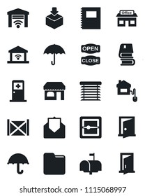 Set of vector isolated black icon - shop vector, medical room, store, container, umbrella, package, mail, scanner, folder, copybook, book, mailbox, open close, home control, jalousie, garage gate