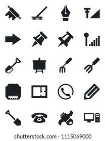 Set of vector isolated black icon - right arrow vector, presentation board, drawing pin, job, pencil, garden fork, shovel, rake, satellite, hdmi, cellular signal, ink pen, plan, phone, rolling, pc