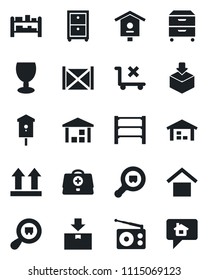 Set of vector isolated black icon - bird house vector, doctor case, container, fragile, warehouse storage, up side sign, no trolley, package, search cargo, rack, radio, archive box, home message