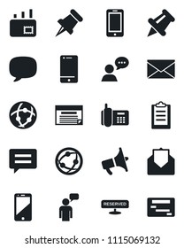 Set of vector isolated black icon - mobile phone vector, speaking man, mail, office, loudspeaker, network, cell, speaker, paper pin, message, clipboard, reserved, schedule