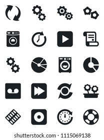 Set of vector isolated black icon - washer vector, gear, circle chart, contract, pills blister, play button, fast forward, rec, update, record, pie graph, flower in pot, clock, crisis management
