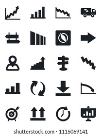 Set of vector isolated black icon - signpost vector, right arrow, growth statistic, crisis graph, navigation, up side sign, sorting, update, download, compass, bar, moving, target, clock