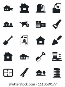 Set of vector isolated black icon - airport building vector, office, trowel, shovel, wheelbarrow, saw, house, hospital, with garage, tree, plan, estate document, city