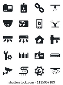 Set of vector isolated black icon - identity card vector, drip irrigation, barcode, chain, root setup, air conditioner, smart home, intercome, control app, surveillance, sprinkler