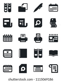 Set of vector isolated black icon - book vector, document search, pen, calendar, printer, medical, folder, news, copybook, schedule, contract