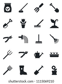 Set of vector isolated black icon - job vector, flower in pot, garden fork, shovel, farm, rake, watering can, sproute, pruner, boot, seedling, hoe, fertilizer