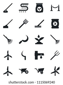 Set of vector isolated black icon - fence vector, farm fork, rake, wheelbarrow, hoe, sickle, fertilizer, drip irrigation, windmill