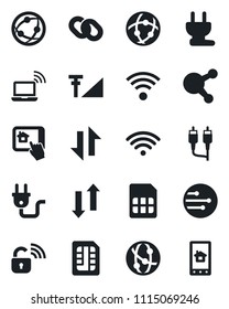 Set of vector isolated black icon - wireless notebook vector, network, share, chain, rca, sim, data exchange, cellular signal, power plug, lock, home control app
