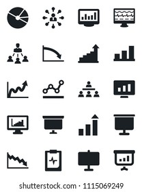 Set of vector isolated black icon - growth statistic vector, hierarchy, presentation board, monitor, pulse, clipboard, statistics, bar graph, pie, point, crisis
