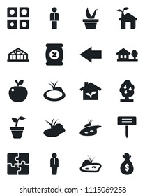 Set of vector isolated black icon - left arrow vector, manager, seedling, plant label, greenhouse, pond, fertilizer, application, house with tree, fruit, apple, eco, money bag