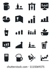 Set of vector isolated black icon - security gate vector, growth statistic, monitor, equalizer, bar graph, alcohol, wine card, drink, phyto, beer, salad, sushi, arrow up