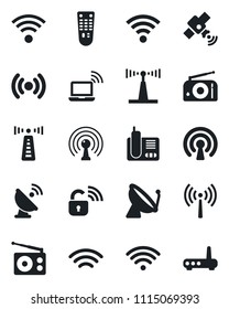 Set of vector isolated black icon - antenna vector, satellite, wireless notebook, radio, remote control, phone, lock, router