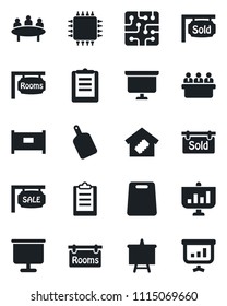 Set of vector isolated black icon - fence vector, presentation board, meeting, clipboard, sale, rooms, sold signboard, smart home, cutting, chip