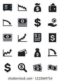 Set of vector isolated black icon - safe vector, dollar sign, money bag, crisis graph, cash, receipt, credit card, wallet, growth, search, investment