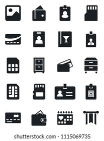 Set of vector isolated black icon - credit card vector, identity, medical calendar, gallery, sd, sim, archive box, wine, pass, wallet, pennon