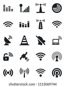 Set of vector isolated black icon - antenna vector, wireless notebook, border cone, radar, satellite, equalizer, mute, cellular signal, lock