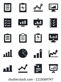 Set of vector isolated black icon - growth statistic vector, monitor, diagnosis, pulse clipboard, statistics, bar graph, pie, checklist, point, presentation