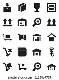 Set of vector isolated black icon - baggage trolley vector, fragile, cargo, warehouse storage, up side sign, no, hook, package, search, scanner, blank box