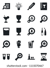 Set of vector isolated black icon - document search vector, blood test vial, thermometer, heart diagnostic, ampoule, fragile, estate, client, alcohol, wine card, drink, cocktail, phyto bar, consumer