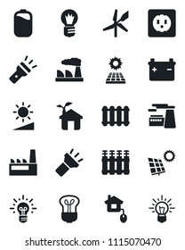 Set of vector isolated black icon - bulb vector, factory, torch, brightness, battery, sun panel, home control, eco house, socket, radiator, windmill, idea