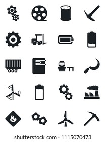 Set of vector isolated black icon - fork loader vector, gear, factory, sickle, truck trailer, sea port, flammable, oil barrel, reel, battery, low, windmill, water heater, hard work