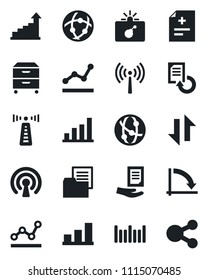 Set of vector isolated black icon - antenna vector, bomb in case, growth statistic, crisis graph, document, reload, diagnosis, folder, barcode, network, data exchange, bar, point, archive box