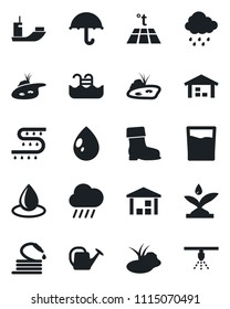 Set of vector isolated black icon - watering can vector, boot, water drop, rain, hose, pond, drip irrigation, sea shipping, umbrella, warehouse, pool, drink, warm floor, sprinkler