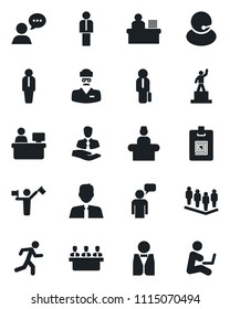 Set of vector isolated black icon - dispatcher vector, reception, manager, speaking man, pedestal, team, place, run, doctor, support, client, speaker, identity card, desk, meeting, estate agent