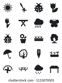 Set of vector isolated black icon - umbrella vector, sun, flower in pot, ripper, tree, butterfly, lady bug, seedling, rain, plant label, picnic table, tulip
