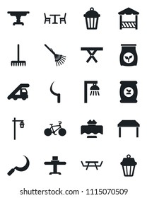 Set of vector isolated black icon - cafe vector, ladder car, rake, sickle, garden light, picnic table, fertilizer, bike, restaurant, alcove, outdoor lamp