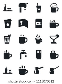 Set of vector isolated black icon - hot cup vector, coffee machine, water supply, alcohol, wine card, drink, cocktail, phyto bar, beer, turkish