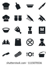 Set of vector isolated black icon - cook vector, cafe, hat, menu, bacon, salt and pepper, ham, bowl, rolling pin, cutting board, knife, steaming pan