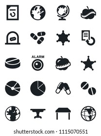 Set of vector isolated black icon - ticket office vector, globe, document reload, pills, diet, earth, pie graph, table, police, alarm led