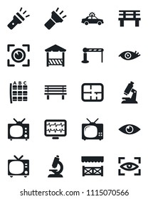 Set of vector isolated black icon - barrier vector, tv, alarm car, seat map, bench, monitor pulse, microscope, eye, torch, plan, alcove, scan