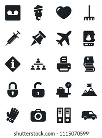 Set of vector isolated black icon - plane vector, luggage scales, office binder, printer, rake, glove, syringe, camera, heart, record, lock, drawing pin, hierarchy, book, water heater, information