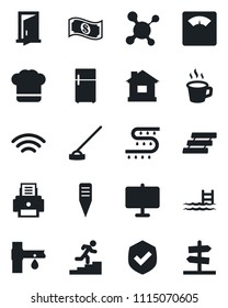 Set of vector isolated black icon - house vector, hoe, plant label, drip irrigation, molecule, scales, shield, wireless, coffee, presentation board, printer, paper tray, career ladder, pool, fridge