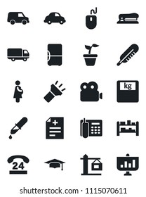 Set of vector isolated black icon - graduate vector, mouse, seedling, diagnosis, dropper, thermometer, scales, pregnancy, 24 hours, car delivery, rack, torch, video, office phone, stapler, crane