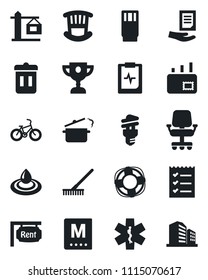 Set of vector isolated black icon - document vector, rake, ambulance star, bike, pulse clipboard, checklist, mail, rent, children room, crane, menu, drink, steaming pan, water, energy saving bulb