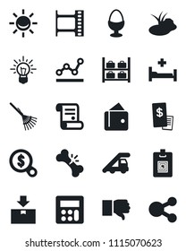 Set of vector isolated black icon - ladder car vector, luggage storage, contract, rake, pond, hospital bed, broken bone, package, film frame, finger down, calculator, identity card, point graph