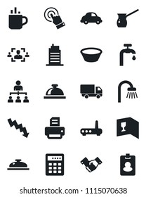 Set of vector isolated black icon - hot cup vector, reception bell, handshake, hierarchy, crisis graph, printer, car delivery, touch screen, hr, water supply, bathroom, city house, wine card, bowl