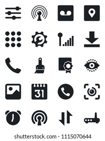 Set of vector isolated black icon - phone vector, antenna, call, menu, gallery, tuning, themes, alarm, record, calendar, data exchange, download, place tag, eye id, cellular signal, sertificate