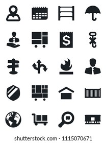 Set of vector isolated black icon - route vector, signpost, navigation, earth, client, cargo container, term, receipt, consolidated, umbrella, warehouse storage, no hook, shield, flammable, search