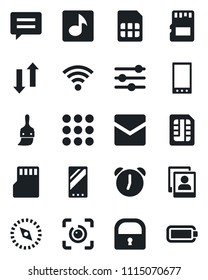 Set of vector isolated black icon - mobile vector, menu, message, tuning, themes, alarm, mail, sd, sim, data exchange, wireless, compass, lock, eye id, music, photo gallery, battery
