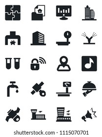 Set of vector isolated black icon - airport building vector, office, statistic monitor, blood test vial, navigation, satellite, heavy scales, music, application, water supply, estate document