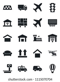 Set of vector isolated black icon - plane vector, taxi, waiting area, helicopter, airport building, ambulance car, traffic light, truck trailer, delivery, consolidated cargo, warehouse storage