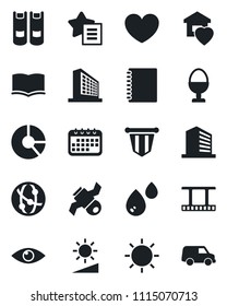 Set of vector isolated black icon - office building vector, book, pennant, circle chart, sun, heart, eye, satellite, film frame, network, favorites list, brightness, copybook, sweet home, egg stand