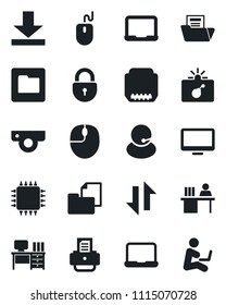 Set of vector isolated black icon - bomb in case vector, lock, mouse, desk, notebook pc, printer, support, folder document, monitor, hdmi, data exchange, download, manager, chip, web camera
